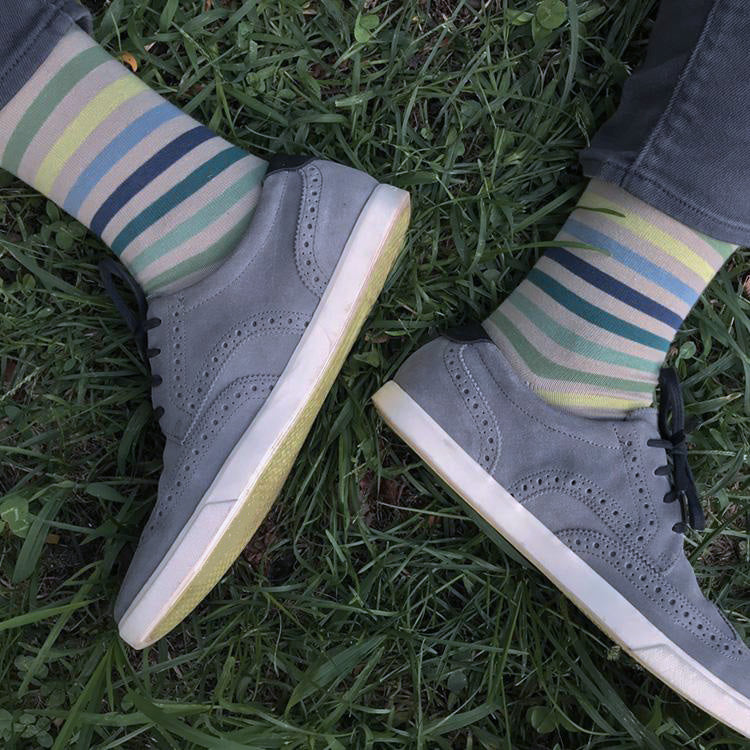 MADE IN USA men's beige/tan striped cotton socks by THIS NIGHT with sea glass colors of blues and greens