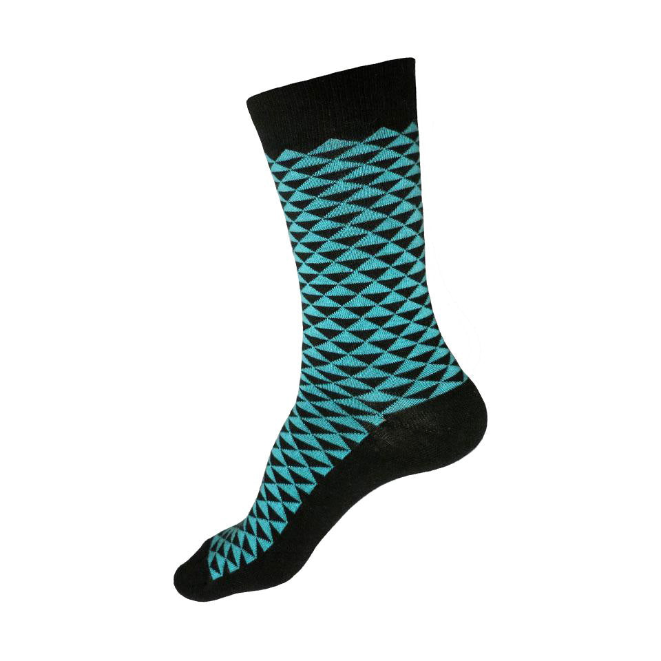 MADE IN USA women's black cotton sock by THIS NIGHT with Japanese geometric pattern in turquoise