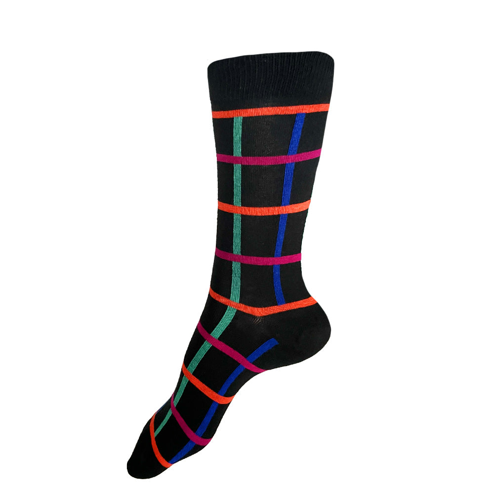 Made in USA women's fun, colorful and geometric black cotton socks with 80s/90s color palette of cobalt blue, magenta, orange, and turquoise green by THIS NIGHT