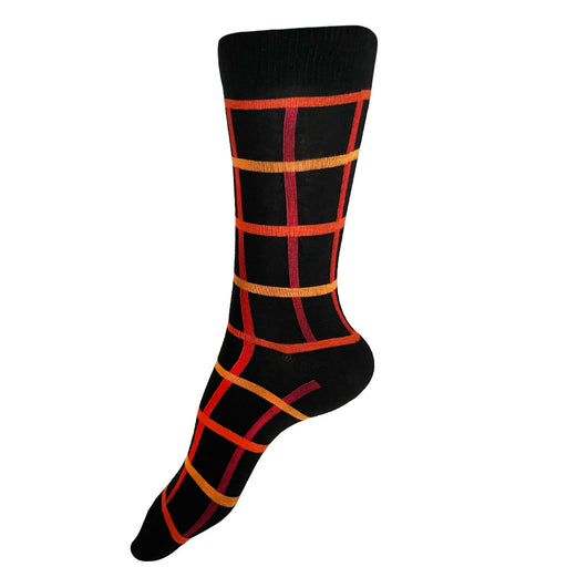 Made in USA women's black cotton geometric socks in colorful red, orange, and yellow windowpane plaid/grid by THIS NIGHT