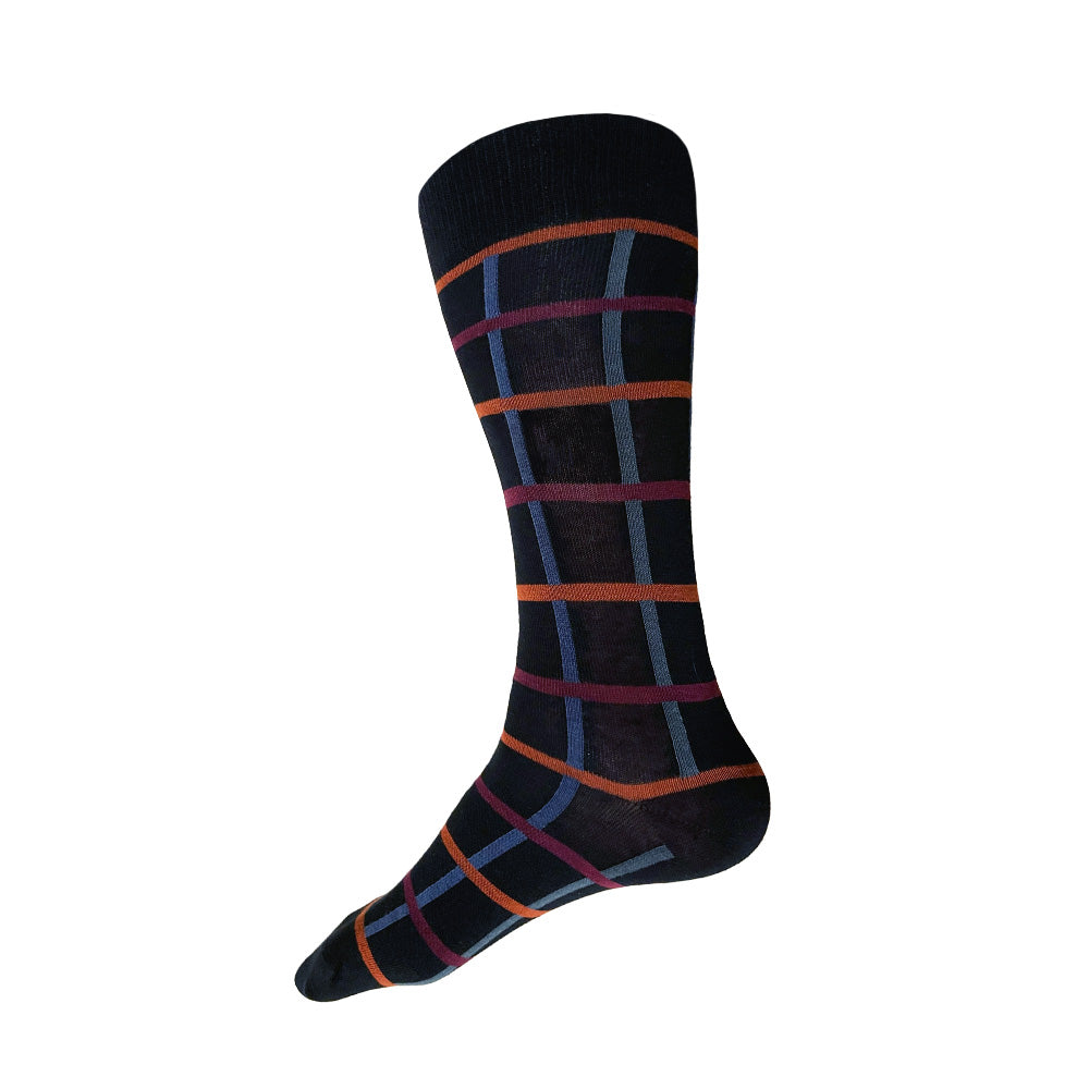 Men's black cotton geometric socks with a subdued palette of rust, blue, soft green, and burgundy by THIS NIGHT
