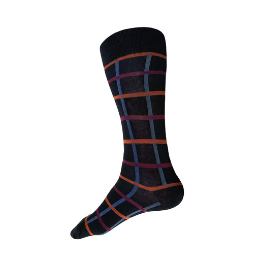 Men's black cotton geometric socks with a subdued palette of rust, blue, soft green, and burgundy by THIS NIGHT