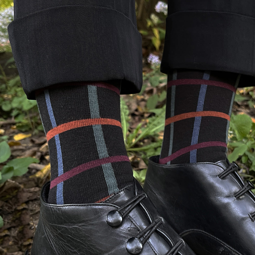 Made in USA women's black geometric grid (windowpane plaid) cotton socks with blue, green, rust, and burgundy by THIS NIGHT