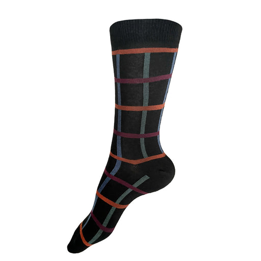 Made in USA women's black geometric cotton socks with blue, green, rust, and burgundy by THIS NIGHT