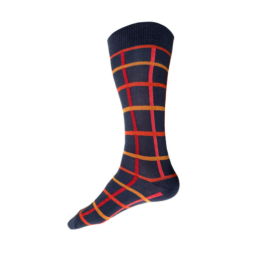 Made in USA dark grey geometric men's cotton socks with orange and yellow windowpane grid pattern