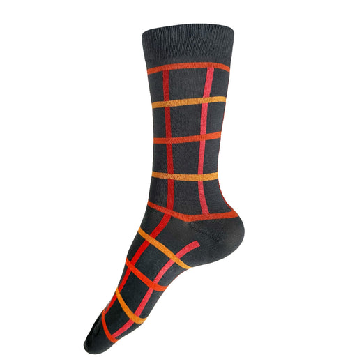 Made in USA women's dark grey geometric socks with orange, yellow, pink, and red by THIS NIGHT