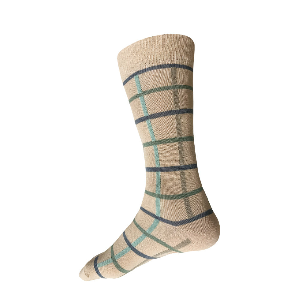 Made in USA men's tan cotton socks with geometric grid pattern in blues and greens 