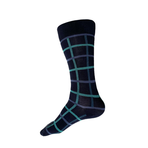 Made in USA men's navy cotton geometric socks with a windowpane plaid pattern in blues and greens