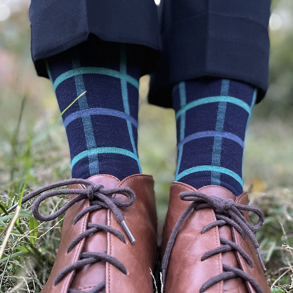 Made in USA navy women's cotton geometric socks in blues, greens, & aquas featuring windowpane plaid by THIS NIGHT