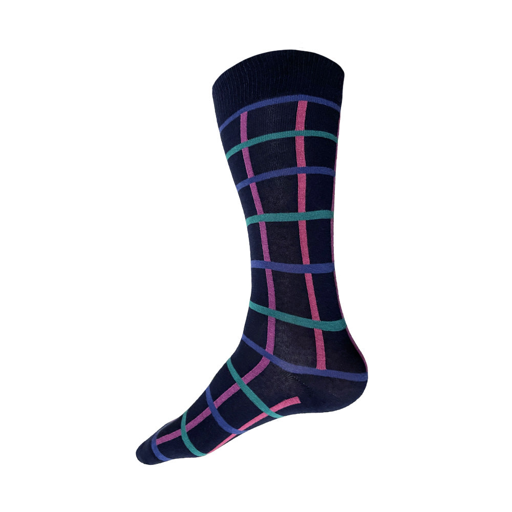 Made in USA men's navy geometric cotton socks in blues, aquas, purples, and pinks –– a salute to the 90s!