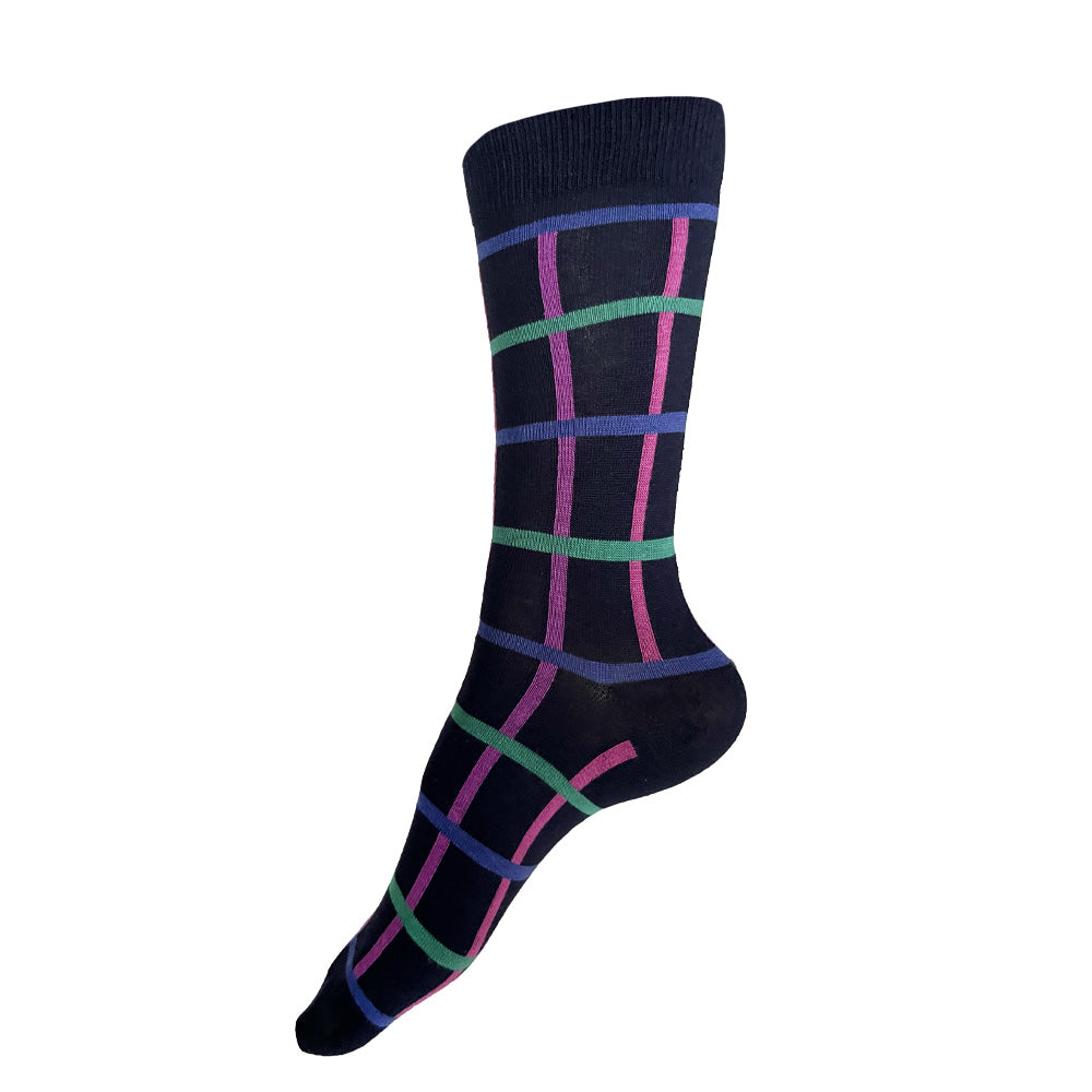 Made in USA women's navy geometric grid (windowpane plaid) cotton socks with blues, greens, and pinks by THIS NIGHT