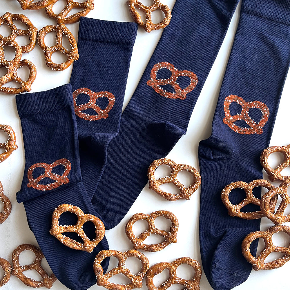 Made in USA Unique Splits Pretzels and men's and women's navy cotton pretzel socks by THIS NIGHT