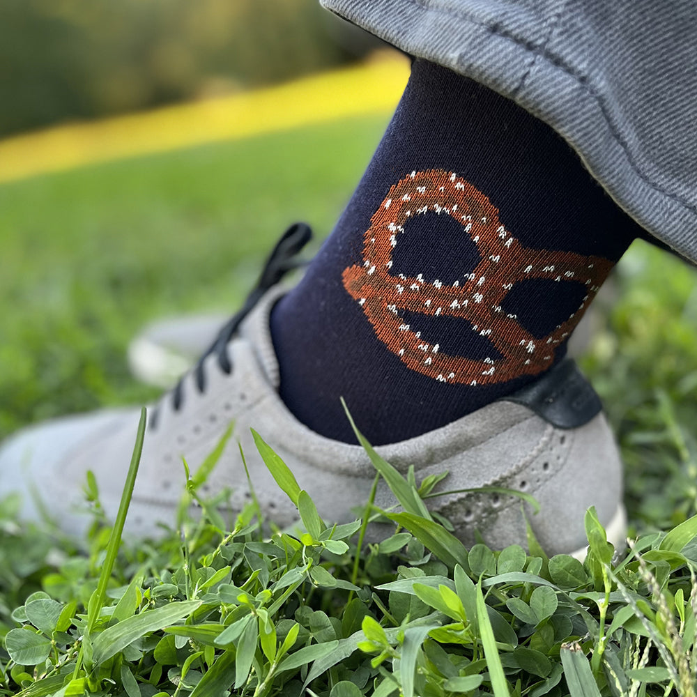 Made in USA men's fun navy cotton pretzel socks by THIS NIGHT