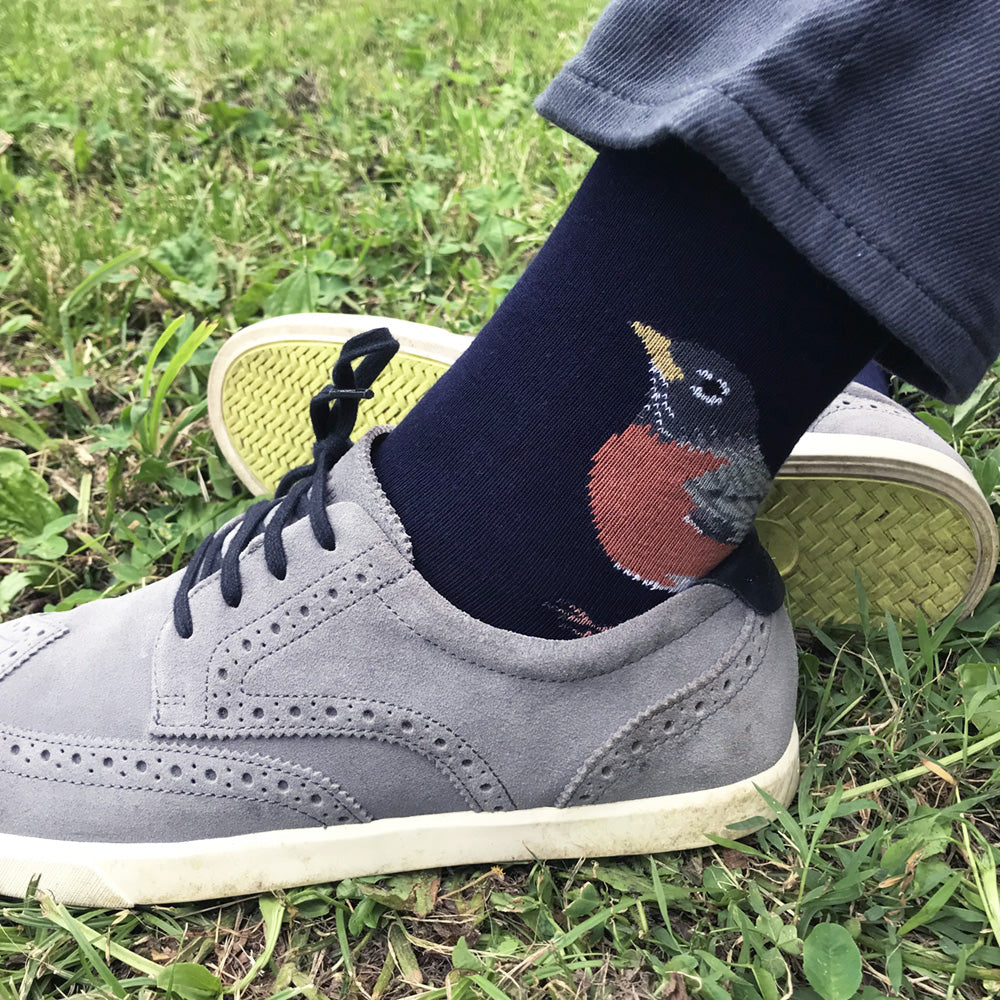 MADE IN USA men's navy cotton Robin bird socks by THIS NIGHT