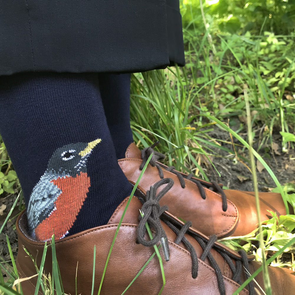 MADE IN USA women's navy cotton Robin bird socks by THIS NIGHT