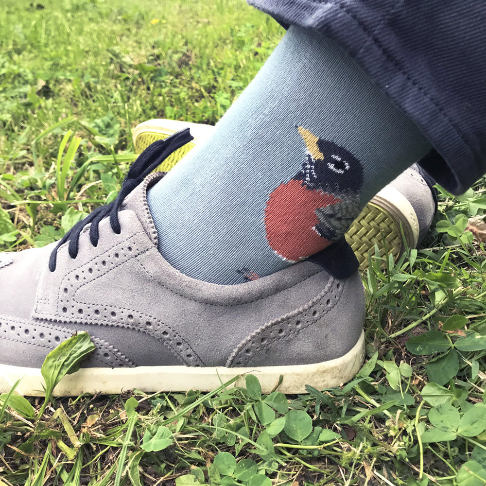 MADE IN USA men's light blue cotton Robin bird socks by THIS NIGHT