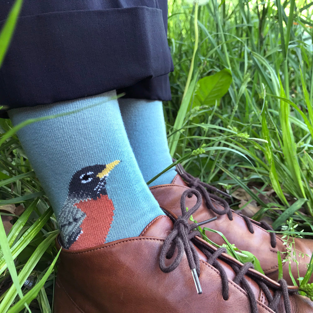 MADE IN USA women's light blue cotton Robin bird socks by THIS NIGHT