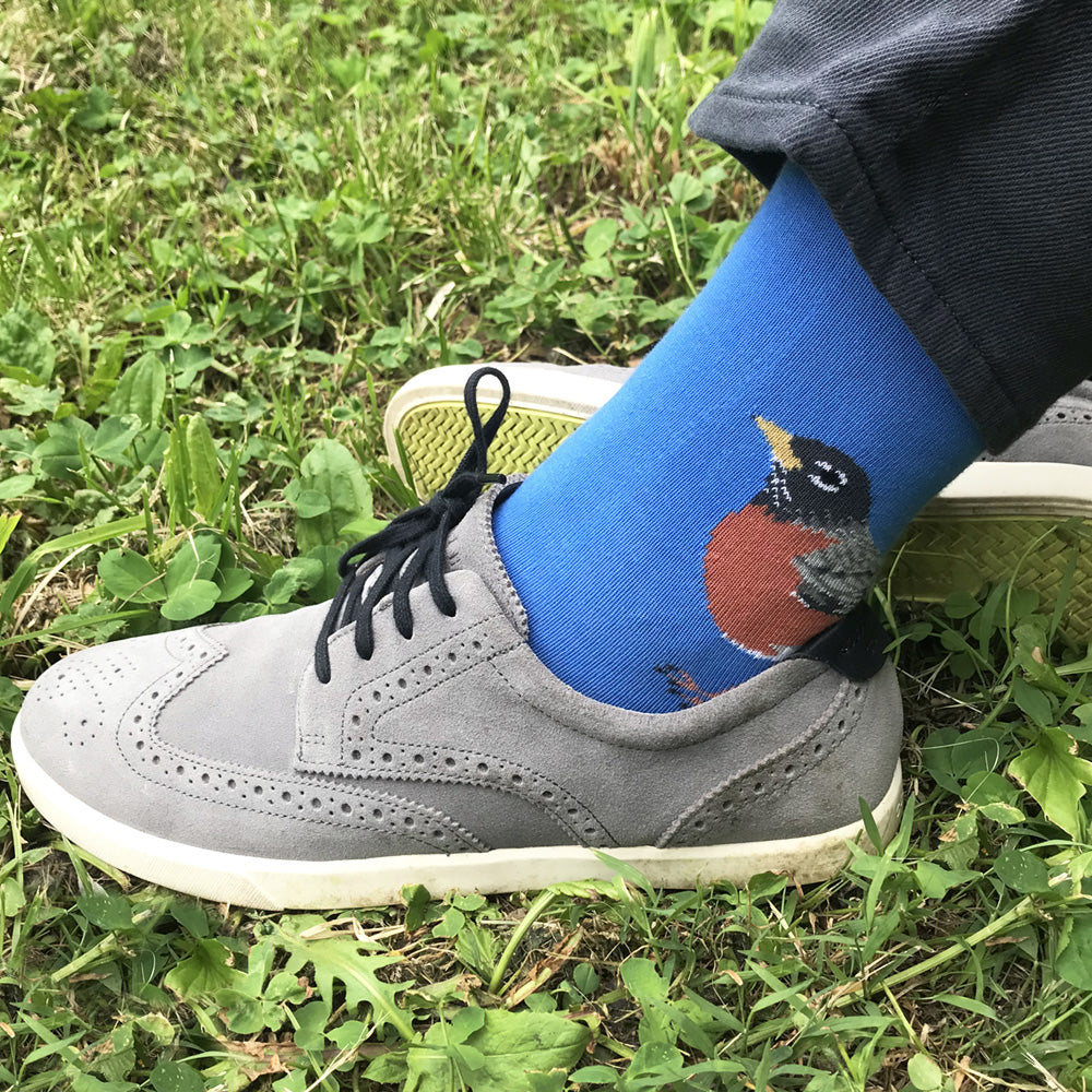 MADE IN USA men's blue cotton Robin bird socks by THIS NIGHT