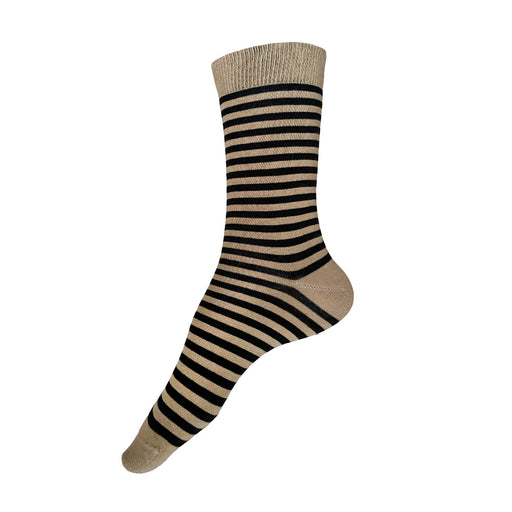 Made in USA women's tan (beige) and black striped cotton socks by THIS NIGHT