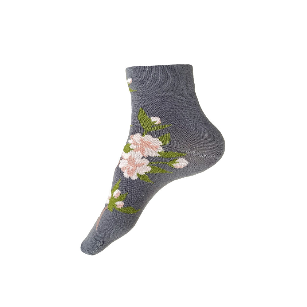 Made in USA grey cotton women's cherry blossom (sakura) botanical ankle socks by THIS NIGHT