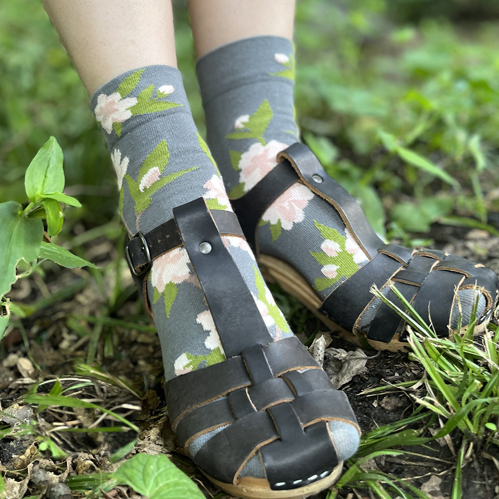 Made in USA women's short cotton ankle socks with floral cherry blossom (sakura) pattern by THIS NIGHT