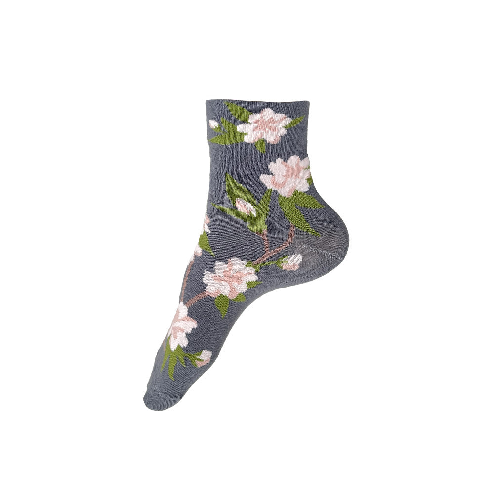 Made in USA grey cotton cherry blossom women's ankle socks by THIS NIGHT