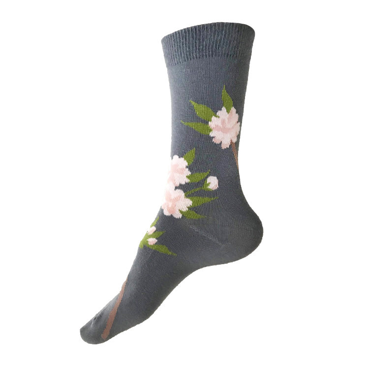 MADE IN USA grey cotton Cherry Blossom (Sakura) socks by THIS NIGHT