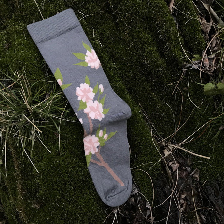 MADE IN USA women's grey cotton Cherry Blossom (Sakura) botanical socks by THIS NIGHT