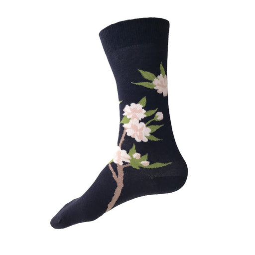 MADE IN USA men's navy Cherry Blossom (Sakura) cotton socks by THIS NIGHT