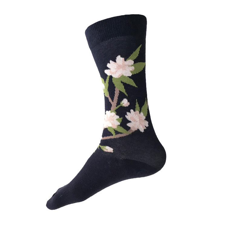 MADE IN USA men's navy Cherry Blossom (Sakura) cotton socks by THIS NIGHT