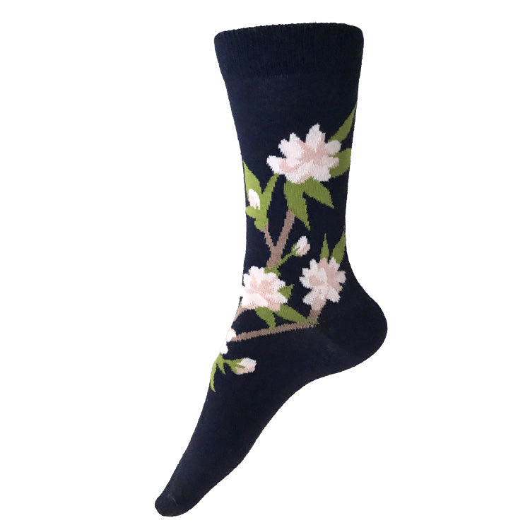 MADE IN USA women's navy cotton Cherry Blossom (Sakura) botanical socks by THIS NIGHT