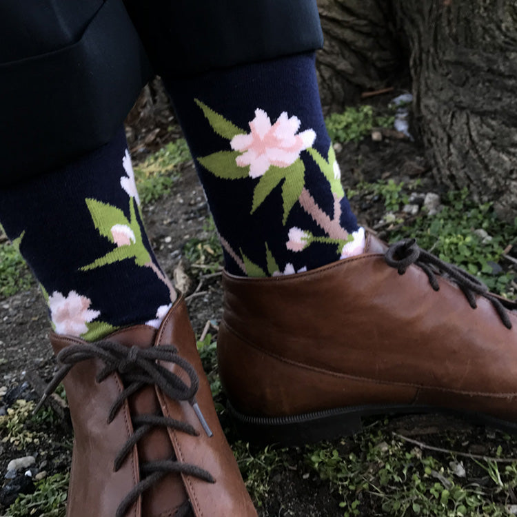 MADE IN USA women's navy cotton Cherry Blossom (Sakura) botanical socks by THIS NIGHT