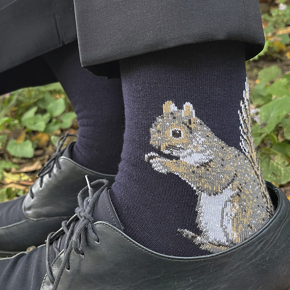 Made in USA women's cute squirrel socks in navy cotton by THIS NIGHT