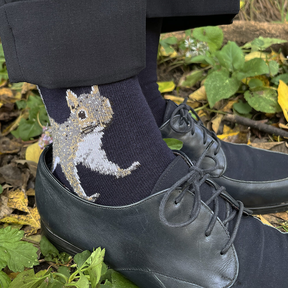 Made in USA women's very cute squirrel socks in navy cotton by THIS NIGHT