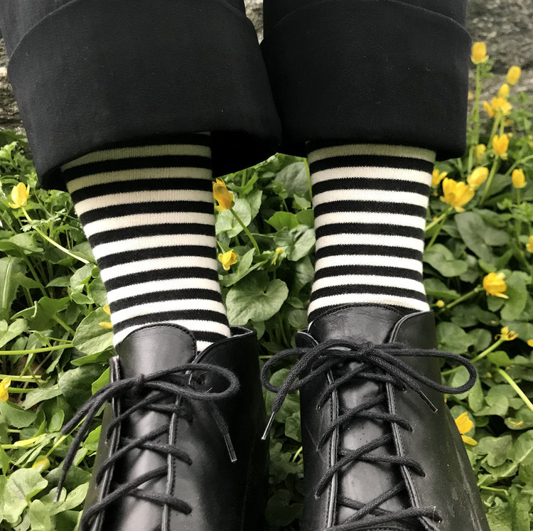 MADE IN USA women's cotton black and white striped socks by THIS NIGHT