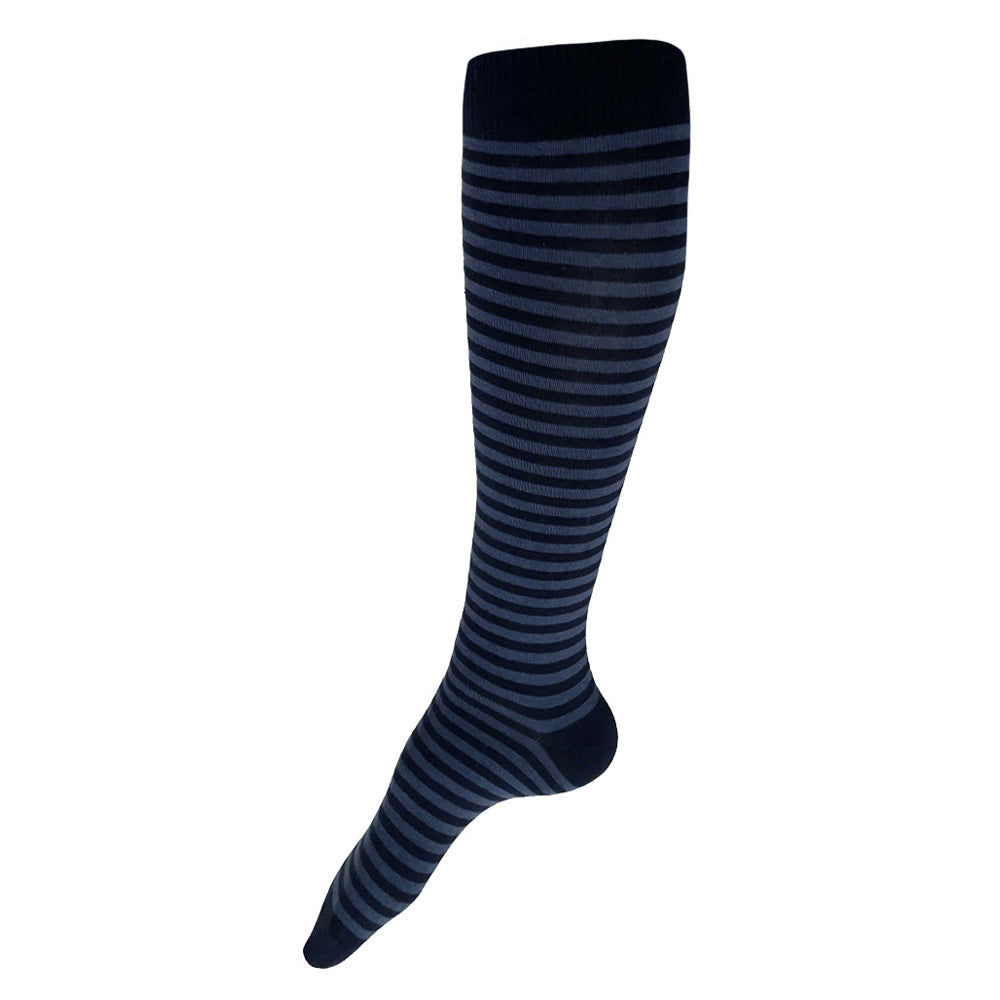 Made in USA women's striped cotton knee socks in navy and slate blue