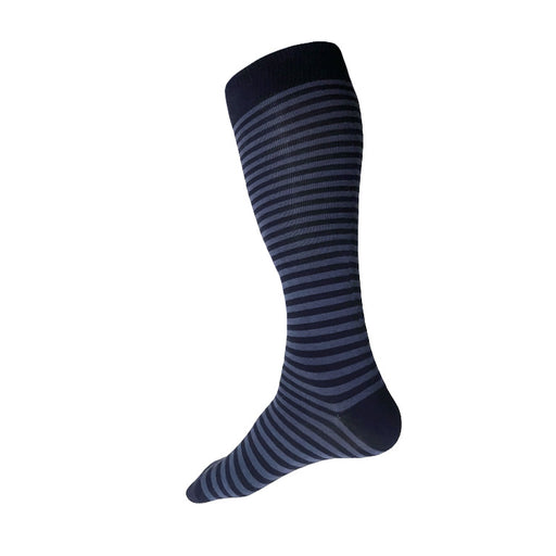 Made in USA men's cotton striped over-the calf/knee socks in navy and slate blue