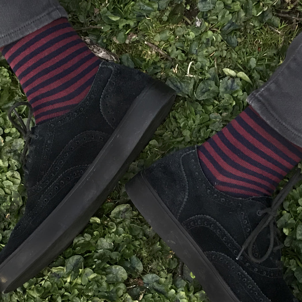 MADE IN USA men's over-the-calf cotton striped knee socks in navy + burgundy by THIS NIGHT