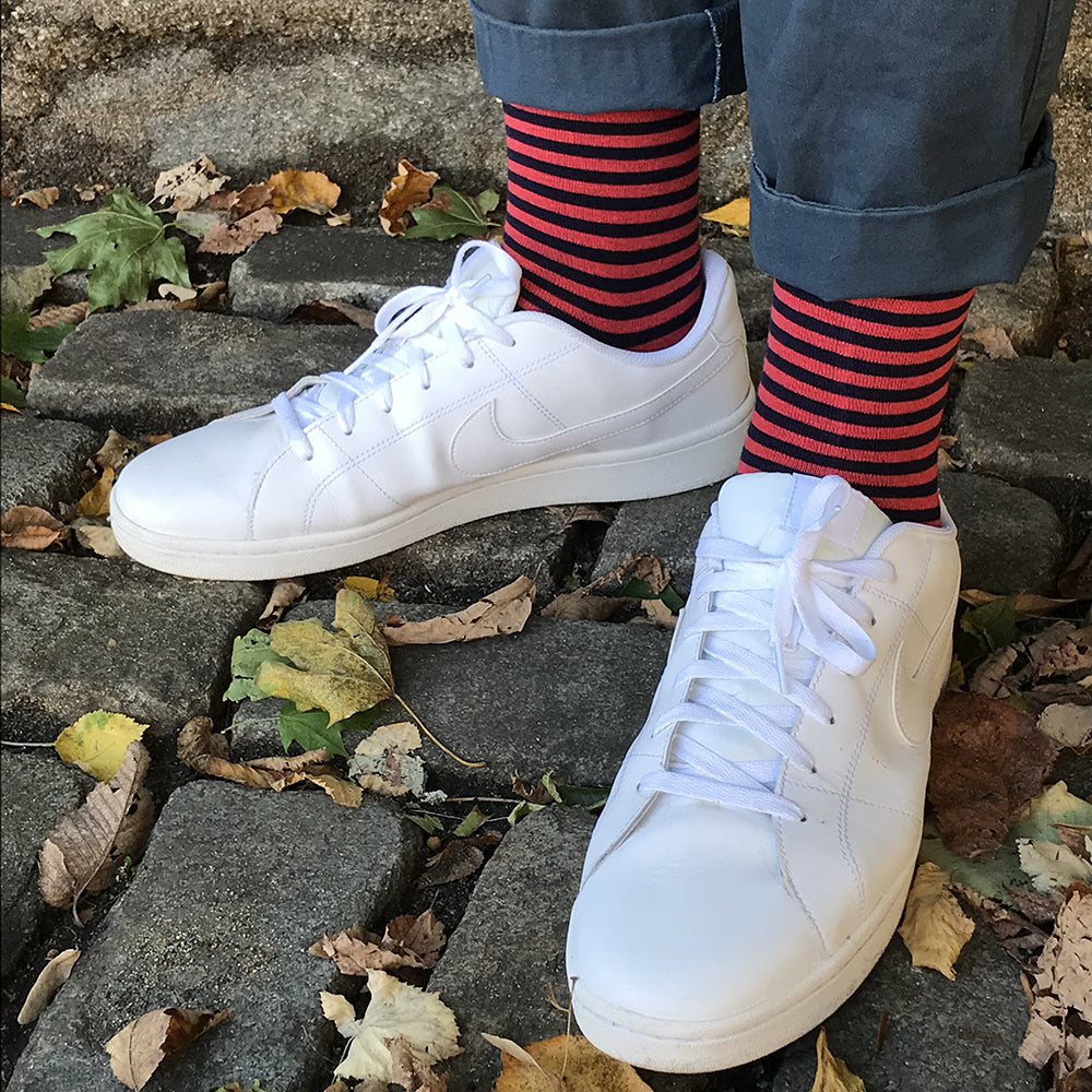 MADE IN USA men's big and tall XL striped cotton socks for size 14-18 in navy + punch red by THIS NIGHT