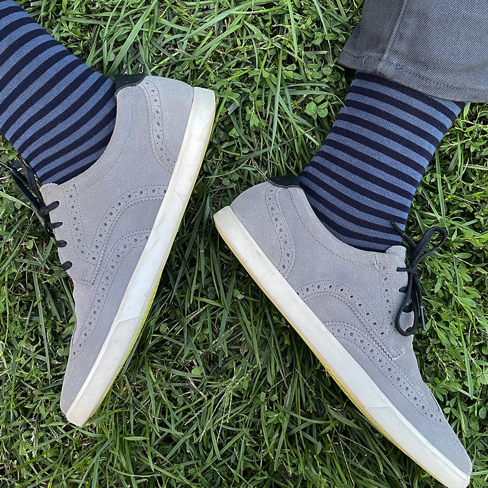 Made in USA men's slate blue and navy striped socks by THIS NIGHT