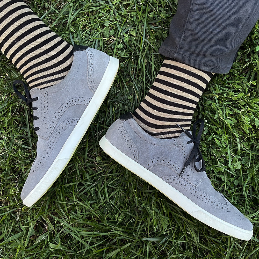 Made in USA men's striped cotton socks in tan and black by THIS NIGHT