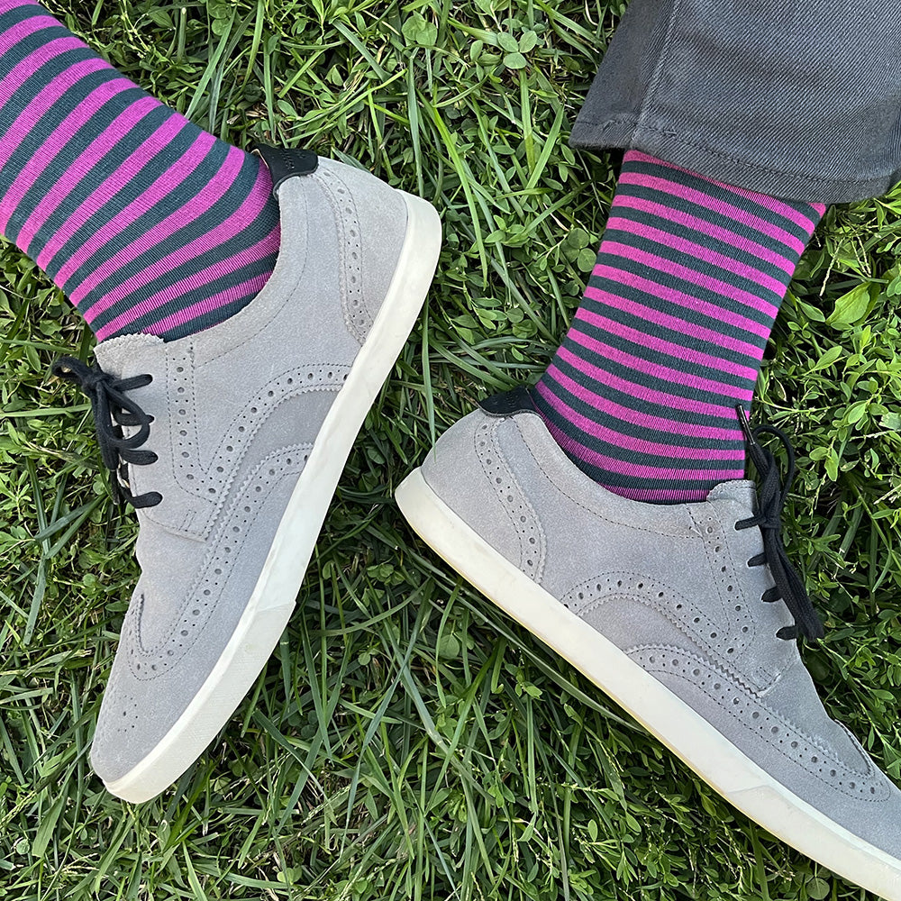 Made in USA men's colorful cotton striped sock in teal (dark blue-green) and orchid (a purple-pink)