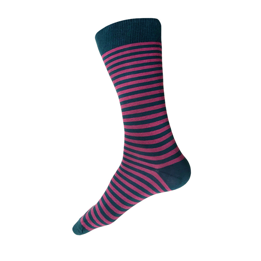 Made in USA men's colorful cotton striped sock in teal (dark blue-green) and orchid (a purple-pink)