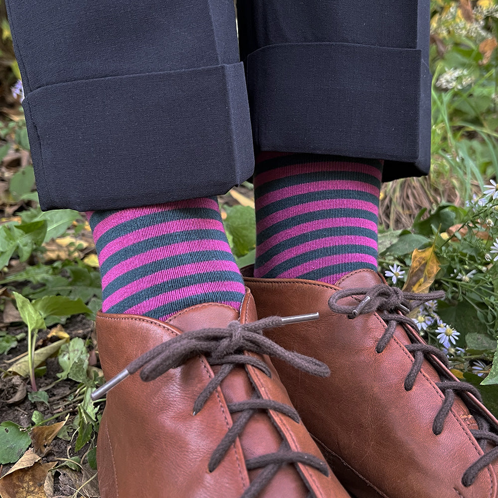 Made in USA women's striped cotton socks in teal and orchid, a nostalgic 90s color scheme
