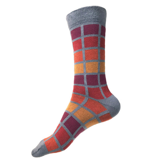 MADE IN USA men's XL/King Size/Big & Tall size 14-18 cotton socks in geometric grey, red, orange, yellow, & maroon