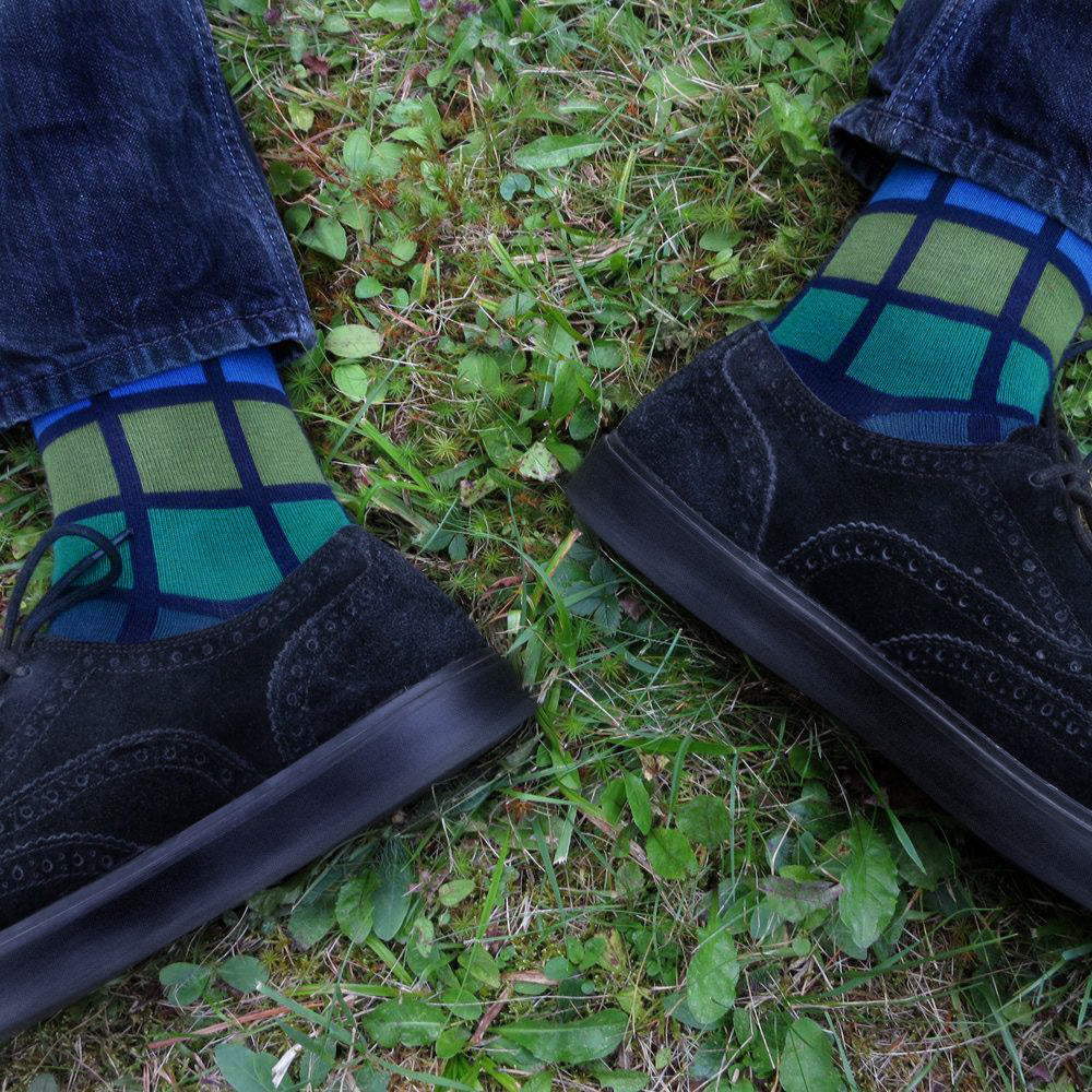 MADE IN USA men's navy geometric cotton socks with green, teal, deep teal, and blue pattern by THIS NIGHT