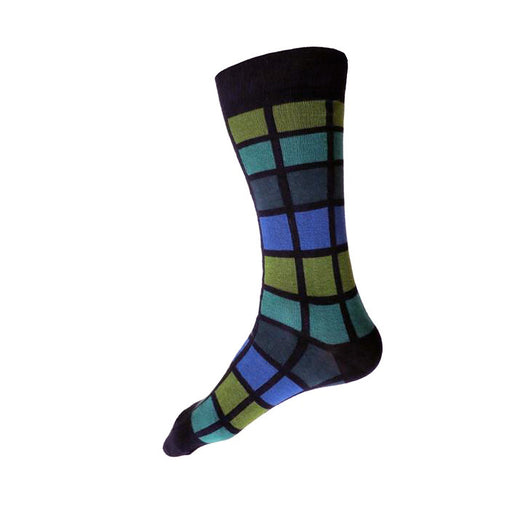 MADE IN USA men's navy geometric cotton socks with green, teal, deep teal, and blue pattern by THIS NIGHT