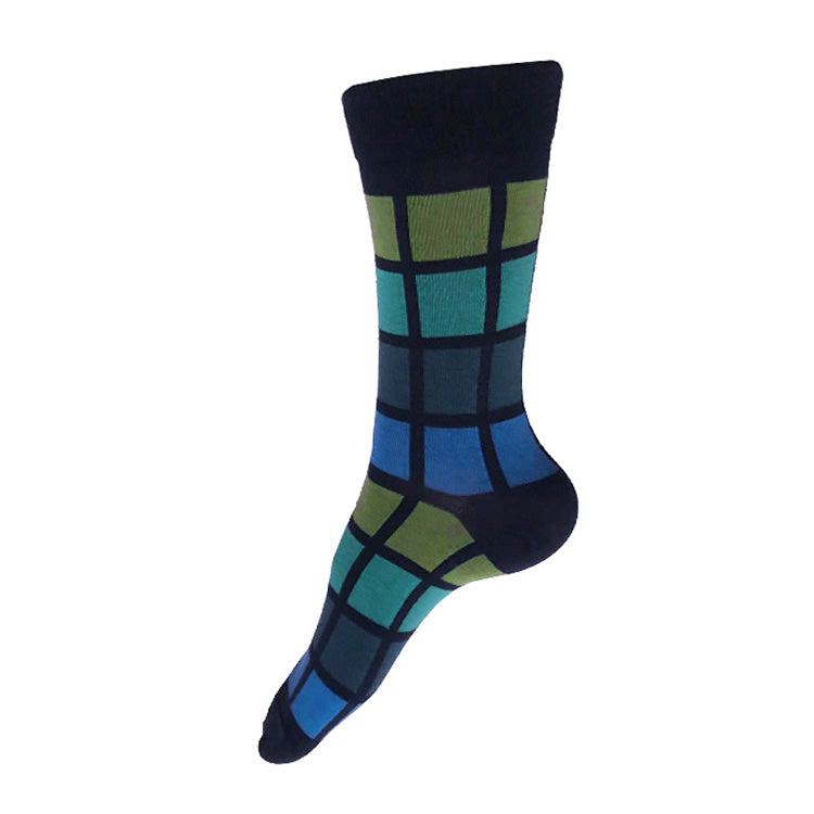 MADE IN USA women's navy geometric cotton socks with greens + blues by THIS NIGHT