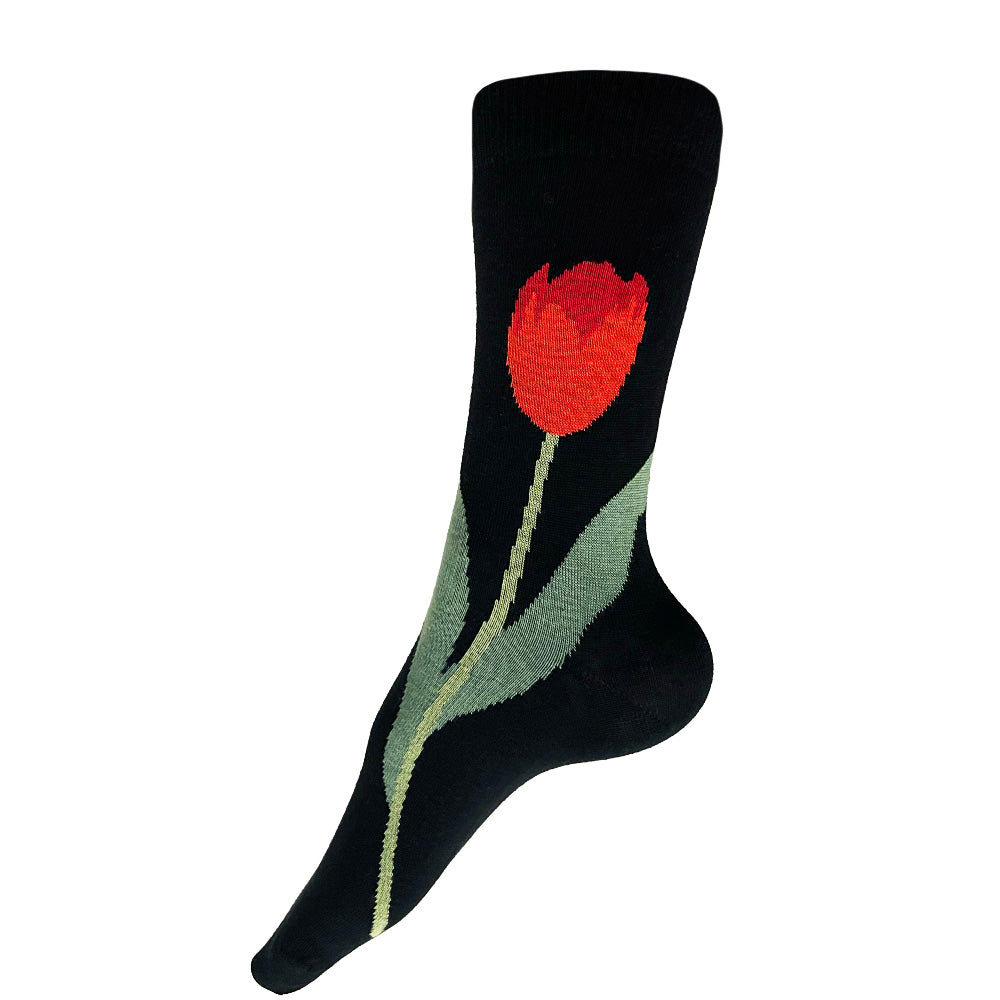 Made in USA women's black cotton floral socks featuring an elegant red tulip by THIS NIGHT