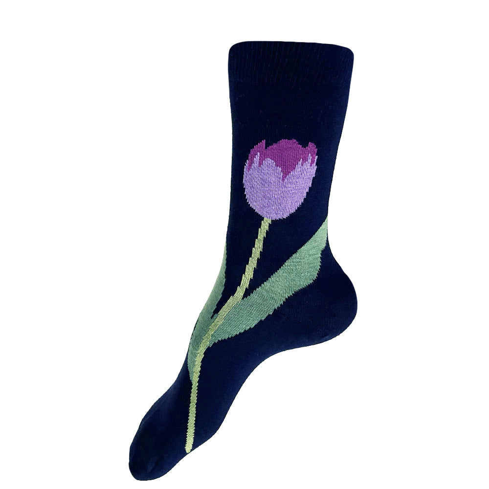 Made in USA women's navy cotton floral socks featuring a purple tulip by THIS NIGHT